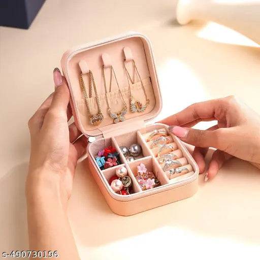 Jewellery Organiser PU Leather Zipper Portable Storage Boxs Case with Dividers Container for Rings, Earrings, Necklace Home Organizer, Pink - NARIX INDIA 