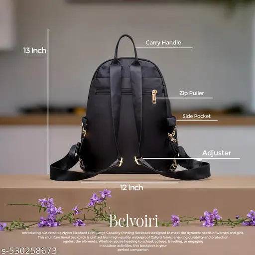 Belvoiri Elephant Print Black Backpack – Stylish Travel & Everydays Bag for Women | Lightweight, Compact & Versatile - NARIX INDIA 