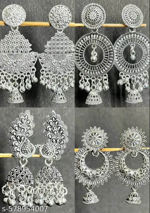 Trendy Oxidized Silver Plated Jhumka Earrings Combo for Women & Girls (Set of 4) - NARIX INDIA 