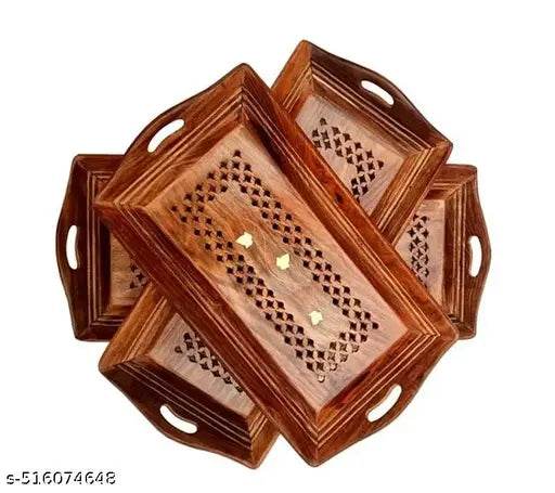 Wooden Legacy Coffee Tray | Serving Tray |Wooden Tray | Carving Tray with Brass Work - NARIX INDIA 