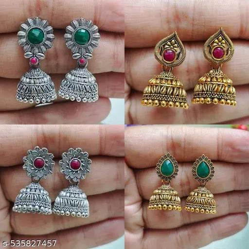 7 pair Combo of Traditional Antique Gold & Oxidized Silver Jhumka Earrings for Women & Girls | Ethnic Temple Design Stud & Drop Earrings | Festive & Party Wear Jewelry - NARIX INDIA 