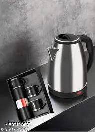 Electric Stainless Steel Kettle Combo | 1.5 L Fast-Boil Kettle + 500 ml Vacuum Flask with 3 Steel Cups | Double-Walled, Leak-Proof, Auto Shut-Off | Silver - NARIX INDIA 