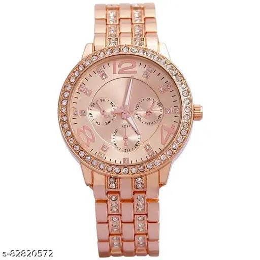 metallic strap Rose gold coloure diamond stitches high quality stylish analog watch for girls and womens - NARIX INDIA 