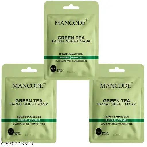 Mancode Green Tea Facial Sheet Mask | Facial Sheet Mask for Men & Women | Daily Glow Sheet Mask for Glowing & Hydration | Repairs Damage Skin | purifies skin | With Korean Formula | For All Skin types | Travel friendly | Sheet mask 25gm Pack of 3 - NARIX INDIA 