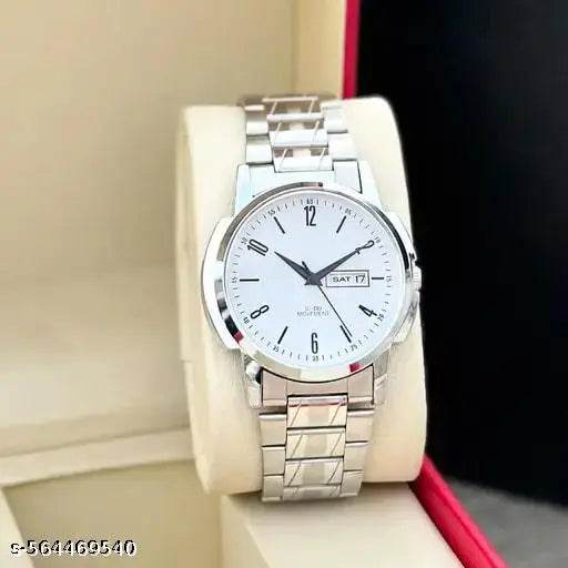 Day & Date Function Watch With White Coated Dial, Stainless Steel Chain Analog Watch - For Men - NARIX INDIA 