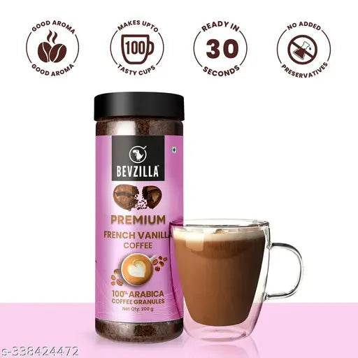 Bevzilla 200 Gram 100% Arabica Instant(Premium French Vanilla) | Make 100 Cups | Espresso, Latte & Cappucino| Hot & Cold Coffee | Unbreakable Jar - NARIX INDIA 