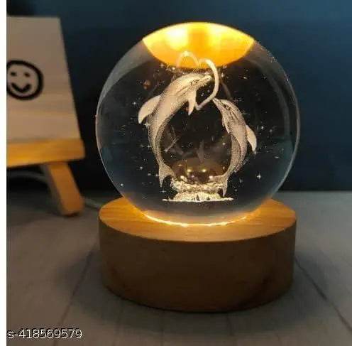 3D Dolphin Crystal Ball Night Lamp,Dolphin Crystal Ball Night Light with ON/Off Switch Button, USB Cable Colorful LED Wooden Crystal Ball for Home Decoration Birthday Gift (Dolphin) - NARIX INDIA 
