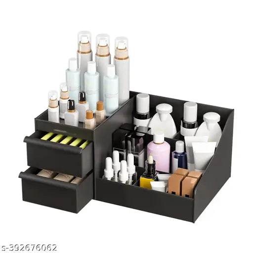 Rudrisha Multi Grid Plastic Desktop Storage Cosmetic Organizer with 2 Drawer Vanity Box Sundries Cosmetics Box Modern Countertop Storage for Dressing Table Vanity Box (Black) - NARIX INDIA 