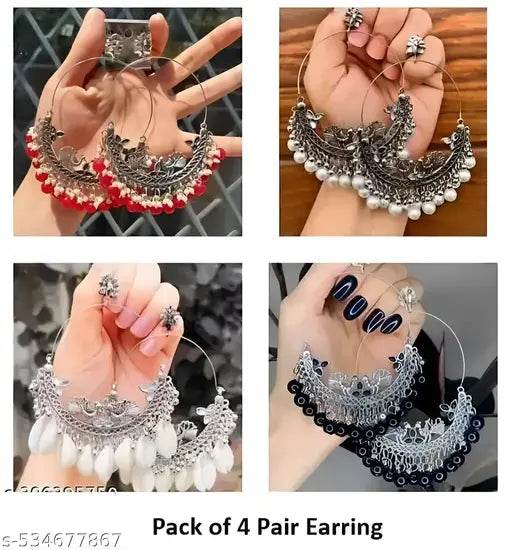 Pack of 4 Silver Oxidised Combo Earrings - NARIX INDIA 