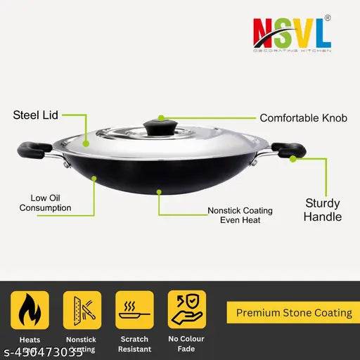 NSVL Non-Stick Appa Chetty, Aluminium Appachatty, 23cm Diameter, 2.4mm Appachatti, Gas Compatible - NARIX INDIA 