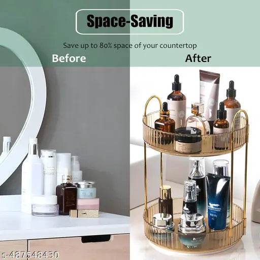 Xpandio Rotating Makeup Organizer for Vanity, High-Capacity Skincare Clear Make Up Storage Perfume Organizers Cosmetic Dresser Organizer Countertop 360 Spinning (Amber Gold, 2 Tier) - NARIX INDIA 