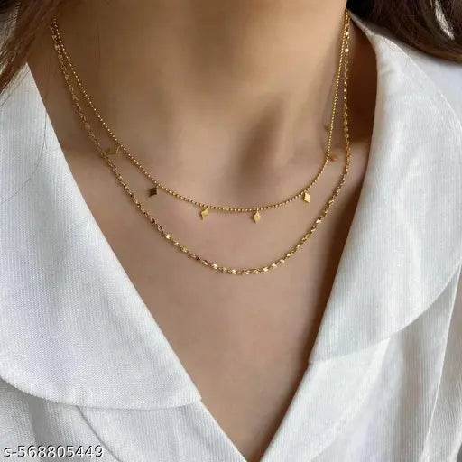 Gold Plated Layered Necklace for Women | Stylish Double Chain with Dainty Shape Charms | Korean Minimalist Jewellery | Party & Daily Wear Chain for Girls - NARIX INDIA 