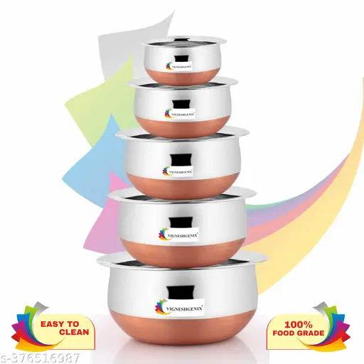 VIGNESHGENIX Copper Bottom Handi Pot 5 Piece Set/Steel Handi Set - NARIX INDIA 
