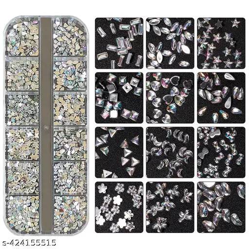 S.A.V.I Flat-bottomed Resin Rhinestones Heart Bowknot AB Color - 12 Different Shapes DIY Nail Decoration Kit for Manicure & Pedicure - Shiny and Durable Nail Art Gems - NARIX INDIA 
