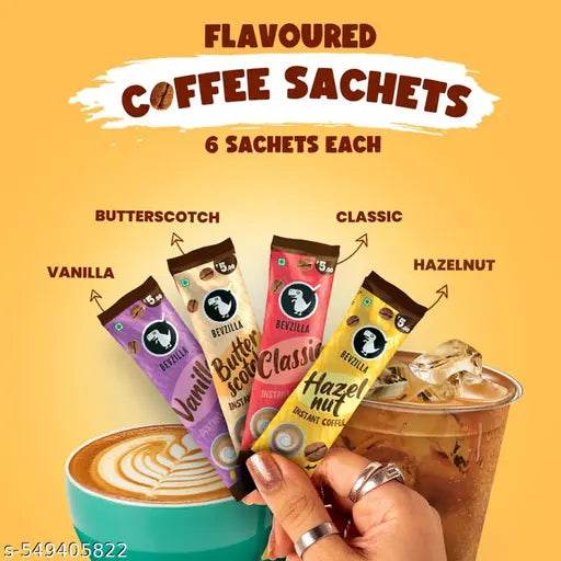 Bevzilla 24 Assorted Instant Coffee Sachets | 24x2Gm Pouches |100% Arabica Coffee Powder | 4 Flavours: Butterscotch, Classic, Vanilla, Hazelnut | Hot & Cold Brew Ready|Best for Espresso, Latte & Cappucino - NARIX INDIA 