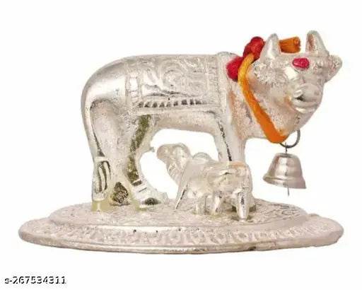 Silver Kamdhenu Cow Statue with Calf for Home, Office, temple Decorations Showpiece - NARIX INDIA 