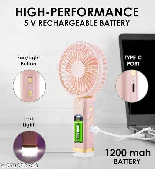 Portable Fan Rechargeable with LED Light – Foldable Mini Fan, Small Fan,USB Charging Hand Fan with 1200mAh Battery & 3 Speed Modes | Travel, Makeup, Kitchen,Women’s Personal Pankhaa - Multicolor - NARIX INDIA 