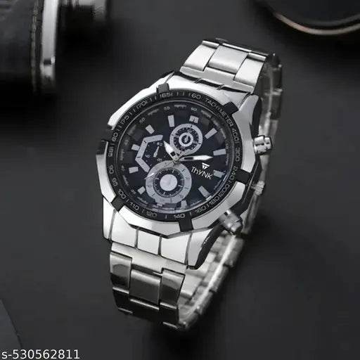 THYNK BLACK DAIL NEW DESIGNER ROUND STIANLESS STEEL SILVER ADJUSTABLE CHAIN Analog Watch - For Men - NARIX INDIA 