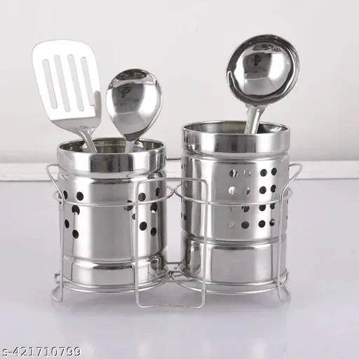yodhan steel cutlery holder Self Draining Tableware Storage Box Spoon Stand, Table Organizer With 2 Sections Spoon, Knife, Fork, Chopstick, Cutlery Holder/Organizer Stand for Kitchen, Dining Table - NARIX INDIA 