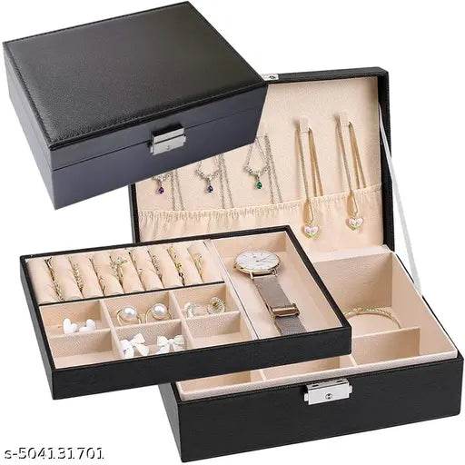 Jewellery Organisers Boxx Double Layer Large Capacity PU Leather Storage Case for Rings, Earrings,Watch, Necklace Jewelry Organizer for Women Travel - NARIX INDIA 