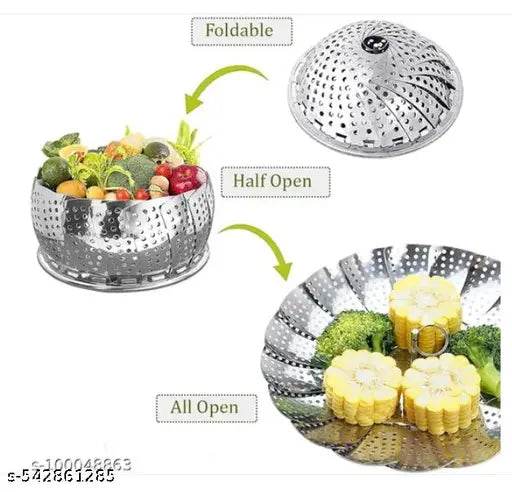 Steamer Basket Stainless Steel Steamer Basket for Vegetable/Insert for Pots, Pans steam boiling | Foldable Vegetable Steamer for Cooking to Fits Various(Silver, Pack of 1) - NARIX INDIA 