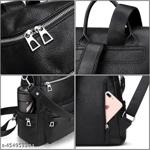 Medium 25 L Laptop Backpack Backpack Purse for Women Convertible Travel Vintage PU Leather Shoulder Bag (Black) - NARIX INDIA 