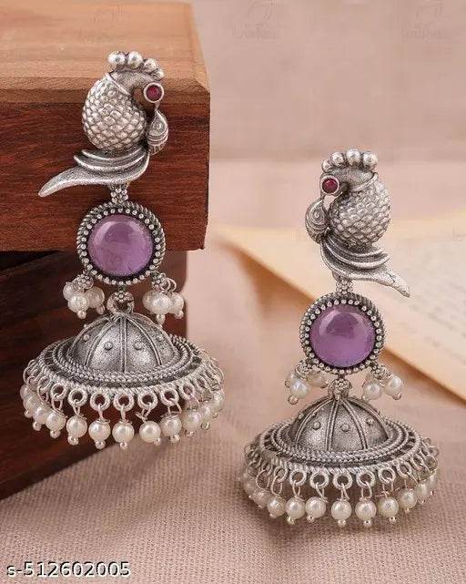 Charming oxidized silver jhumka earrings with a unique antique design and beautiful pink accents. - NARIX INDIA 