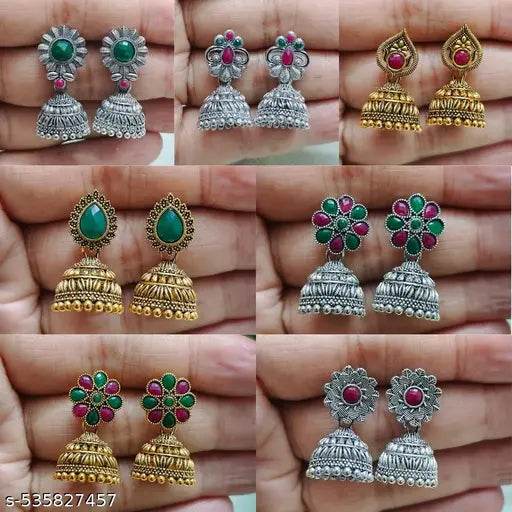 7 pair Combo of Traditional Antique Gold & Oxidized Silver Jhumka Earrings for Women & Girls | Ethnic Temple Design Stud & Drop Earrings | Festive & Party Wear Jewelry - NARIX INDIA 