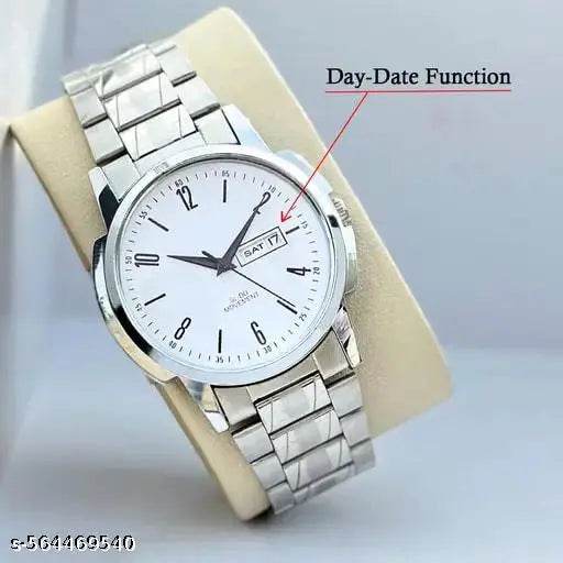 Day & Date Function Watch With White Coated Dial, Stainless Steel Chain Analog Watch - For Men - NARIX INDIA 