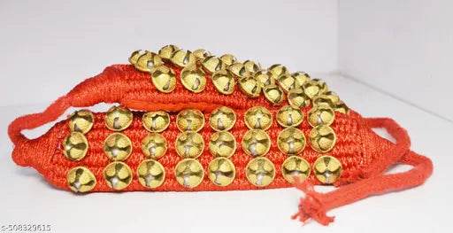 PRANCHI ARTWARE ® BRASS 3-LINE RED GHUNGROO PAD (30+30) ,brass dancing ghungroo 30 bells for each leg for Katthak Bharatnatyam Salangi Classical Nritya Ghungaru Brass Salangi 60 bells Katthak and Bharatnatyam dancing 3 Layer Ghungroo set Salangai Chilanka - NARIX INDIA 