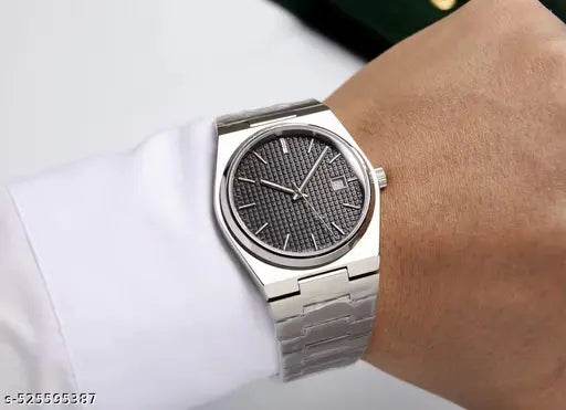 Luxury Men's Stainless Steel Watch, Black Textured Dial, Date Display, Silver Bracelet - NARIX INDIA 