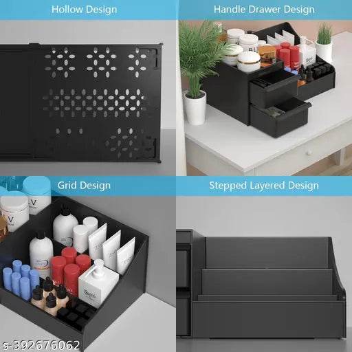 Rudrisha Multi Grid Plastic Desktop Storage Cosmetic Organizer with 2 Drawer Vanity Box Sundries Cosmetics Box Modern Countertop Storage for Dressing Table Vanity Box (Black) - NARIX INDIA 
