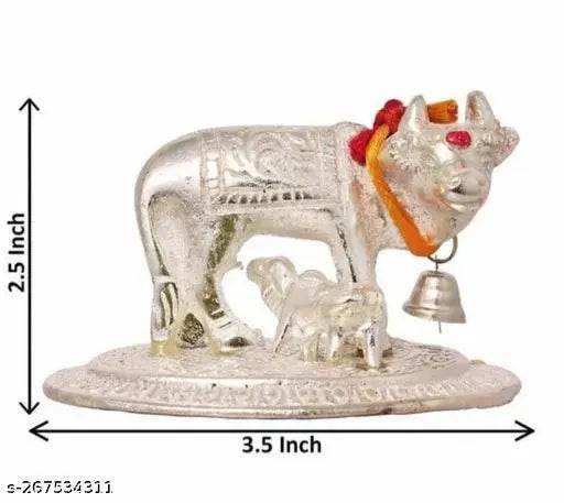Silver Kamdhenu Cow Statue with Calf for Home, Office, temple Decorations Showpiece - NARIX INDIA 