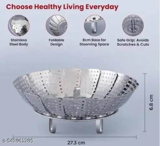 Steamer Basket Stainless Steel Steamer Basket for Vegetable/Insert for Pots, Pans steam boiling | Foldable Vegetable Steamer for Cooking to Fits Various(Silver, Pack of 1) - NARIX INDIA 
