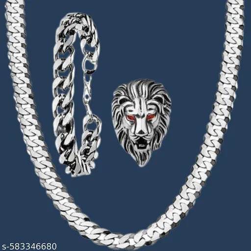 Stainless Steel Sliver Plated Curve Chain,Bracelet And Lion Ring Jewel Set For Men And Boy. - NARIX INDIA 