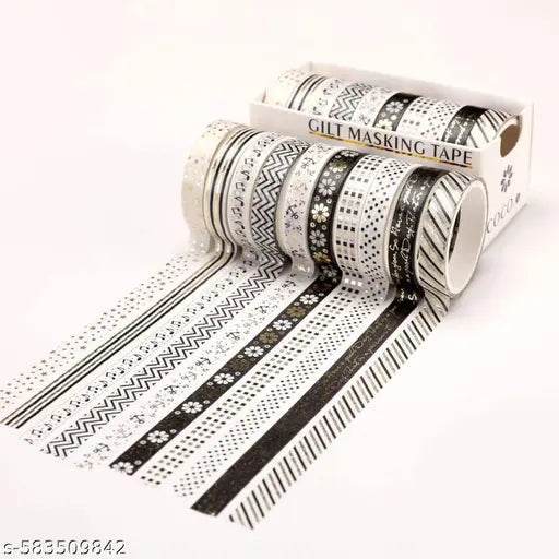 10 Rolls Washi Tape Set Black and Gold Design Small washi Tape Set, Multi Style Design, Decorative Tapes for Arts (Manual) (Pack of 10) - NARIX INDIA 