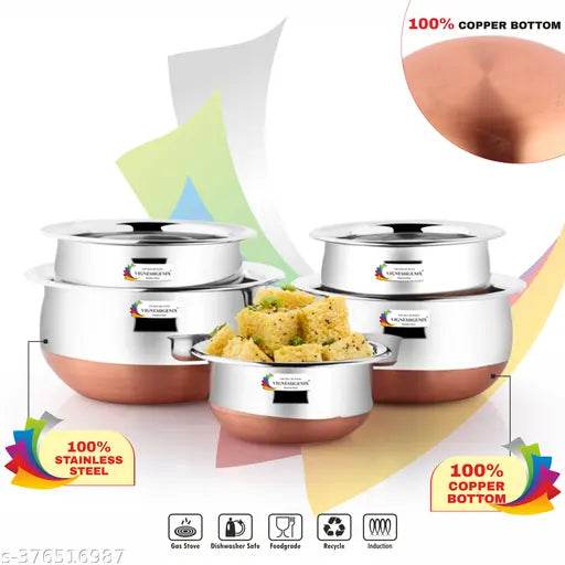VIGNESHGENIX Copper Bottom Handi Pot 5 Piece Set/Steel Handi Set - NARIX INDIA 