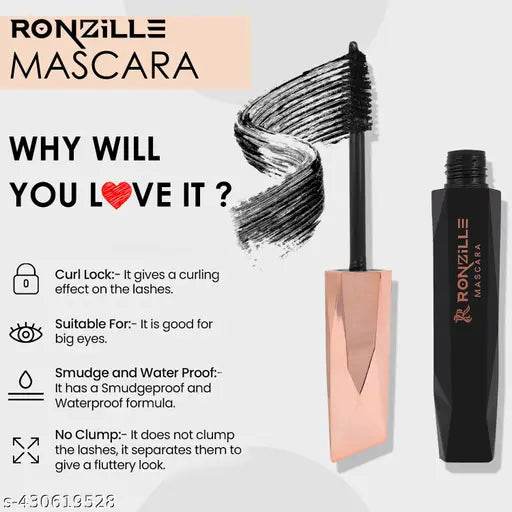RONZILLE Volumizing Lasting Weightless of up to 8 Hours,Lightweight,Smudge-Proof,Black Mascara 12 ml - NARIX INDIA 