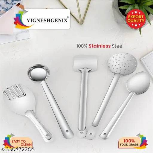 Stainless Steel Tools Set for Kitchen Cooking and Serving, Pack of 5, (Spatula, Ladle, Skimmer, Cooking Spoon) - NARIX INDIA 