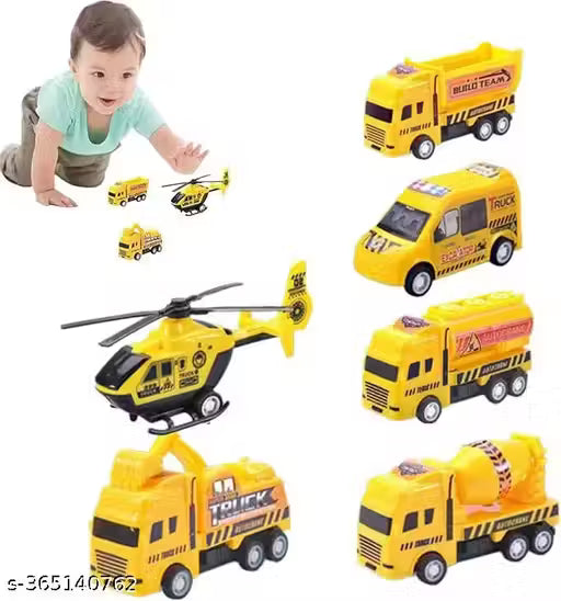 Combo Toy Set -6 Friction Powered Truck Toy Set with helicopter for Kids - NARIX INDIA 