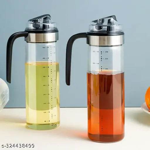 Purankam Auto Flip Cooking Oil Bottle, 550ML Olive Oil Bottle Dispenser for Kitchen, Glass Cruet Bottle with Non-Slip Handle for Olive Oil, Vinegar, Soy Sauce (Pack of 1) - NARIX INDIA 