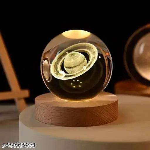 3D Galaxy Crystal Ball Night Light, LED Solar System Crystal Ball Night Light with Wooden Base (Saturn) - NARIX INDIA 