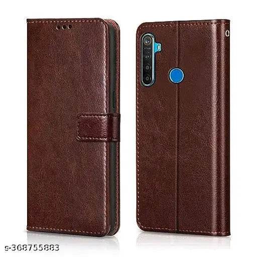 BROWN | Realme 5 | Leather Finish | Inside Pockets & Inbuilt Stand | Shockproof Wallet Style Magnetic Closure Back Cover Case - NARIX INDIA 