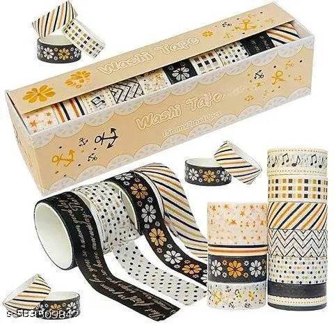 10 Rolls Washi Tape Set Black and Gold Design Small washi Tape Set, Multi Style Design, Decorative Tapes for Arts (Manual) (Pack of 10) - NARIX INDIA 