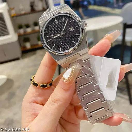 Luxury Men's Stainless Steel Watch, Black Textured Dial, Date Display, Silver Bracelet - NARIX INDIA 