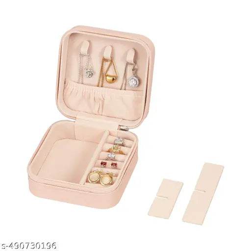 Jewellery Organiser PU Leather Zipper Portable Storage Boxs Case with Dividers Container for Rings, Earrings, Necklace Home Organizer, Pink - NARIX INDIA 