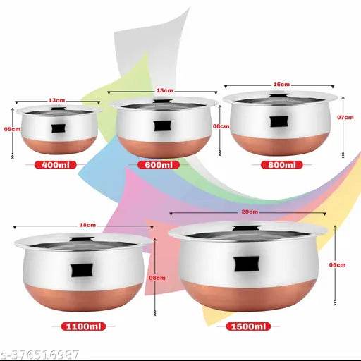 VIGNESHGENIX Copper Bottom Handi Pot 5 Piece Set/Steel Handi Set - NARIX INDIA 