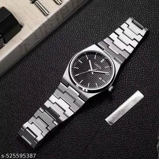 Luxury Men's Stainless Steel Watch, Black Textured Dial, Date Display, Silver Bracelet - NARIX INDIA 