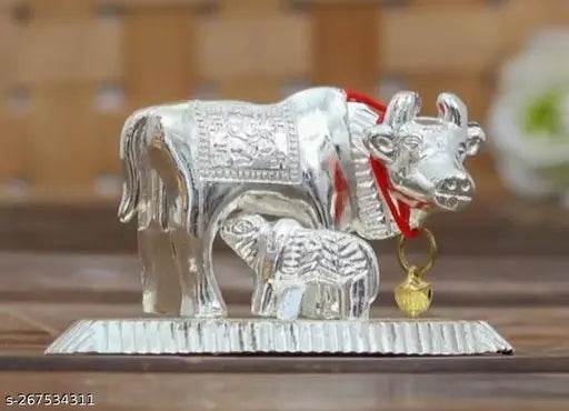 Silver Kamdhenu Cow Statue with Calf for Home, Office, temple Decorations Showpiece - NARIX INDIA 