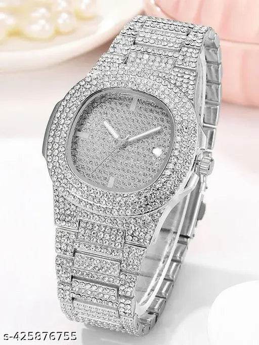 M3 trader steel silver Ladies Watch Rhinestone Decor Date Quartz Watch Holiday Luxury Rhinestone-Encrusted Silver Women Watch Made Of Zinc Alloy A Gift For Friends - NARIX INDIA 